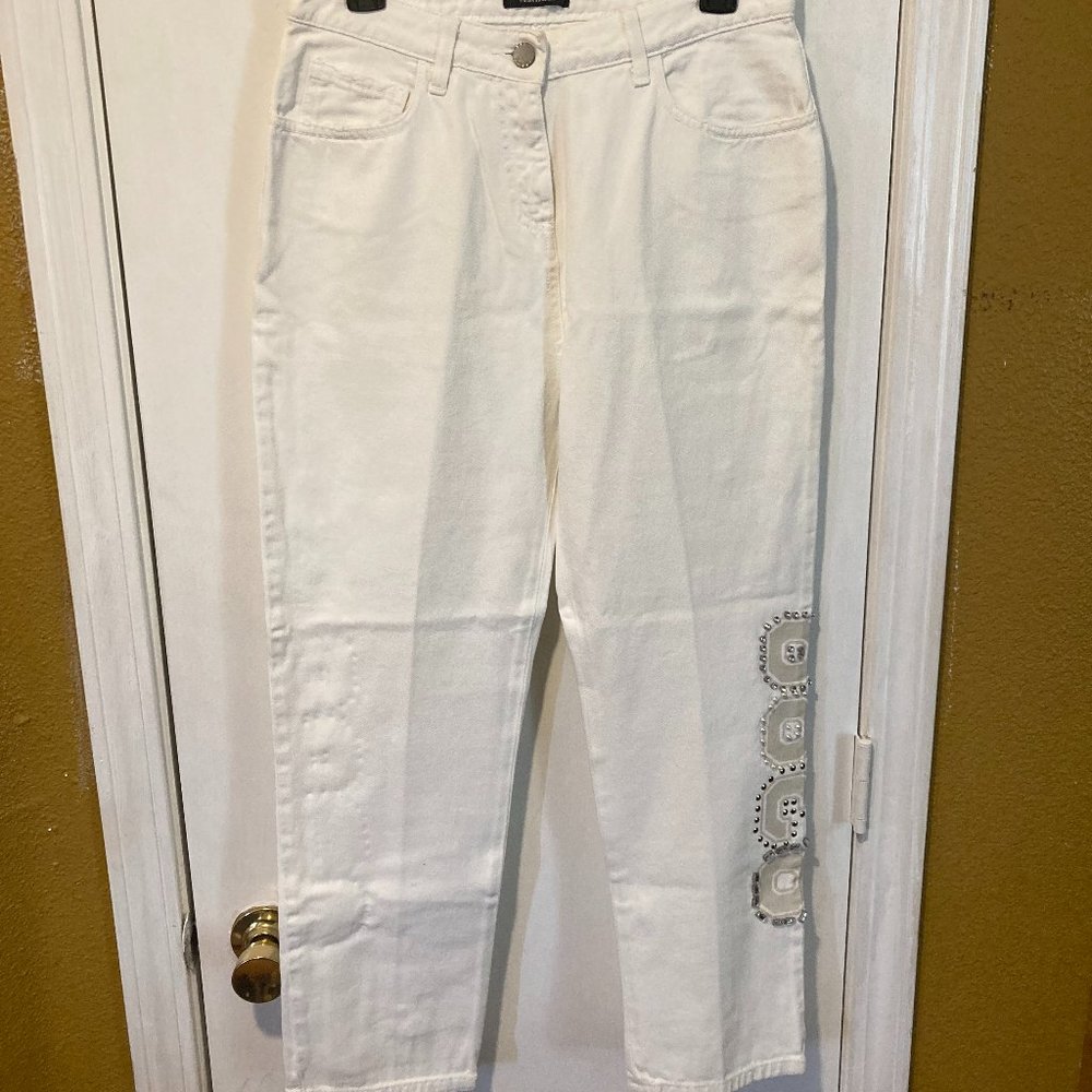 NEW Twin Set women's size 25 embellished "8388" soft-white boyfriend jeans 27x27